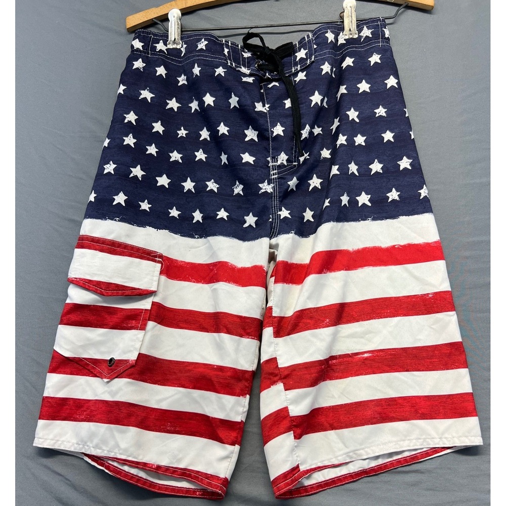 Hang Ten Board Shorts Mens Large Red White Blue Good American Flag Swim Trunks